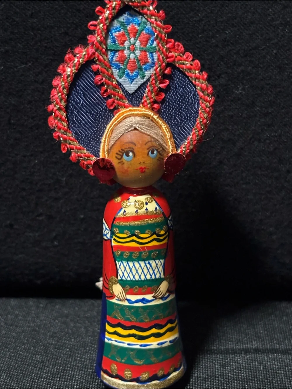 Vintage Hand-Painted Russian Wooden Doll Ornament Kokoshnik Headdress Braid